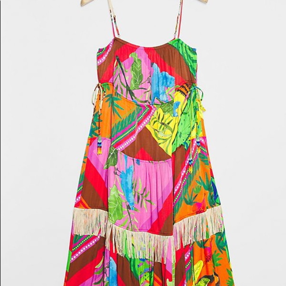 Farm Rio Palila Fringe Midi Dress Topical Print  M